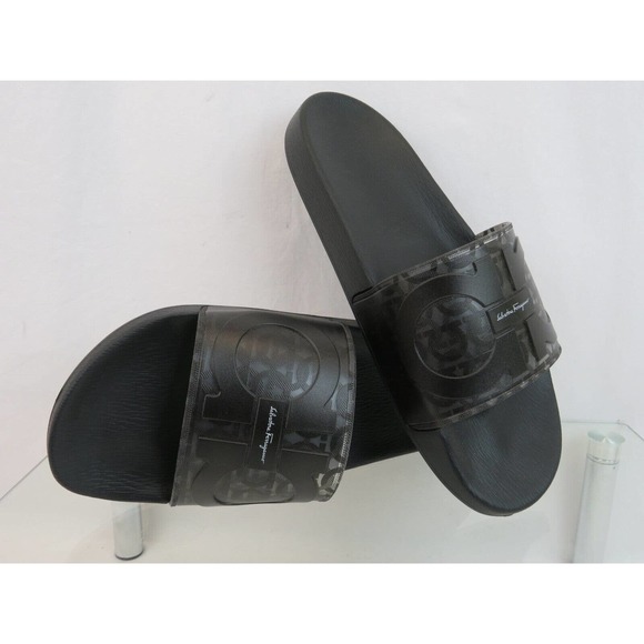 NIB FERRAGAMO GROOVE 5 TRANSPARENT BLACK RUBBER GANCINI LOGO SANDALS SLIDES 8 M main image 6